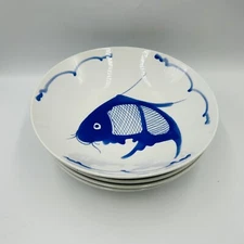 4 Qty Vtg Koi Carp Asian Fish Noodle Bowl Made In China 9” Chinese Blue White