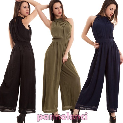 Overall donna tuta intera tutina palazzo velata scollo americana nuova  M5667 | eBay