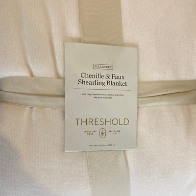 Threshold Full/Queen Chenille Reverse Faux Shearling Blanket Ivory 90'' X 92'' NEW