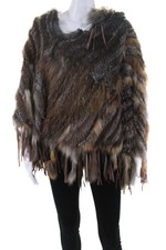 Rizal Womens Fox & Rabbit Fur Leather Fringe Poncho Brown One Size