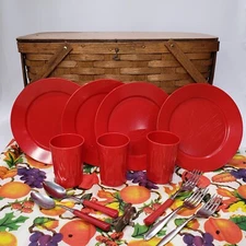Vtg Shelton Woven Picnic Basket Set Wood Hinge Lid Red Dishes Tailgate Party