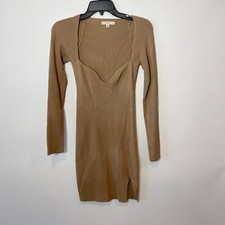 Mable Long Sleeve Mini Sweater Dress Womens S Brown Ribbed Knit Sweetheart Neck