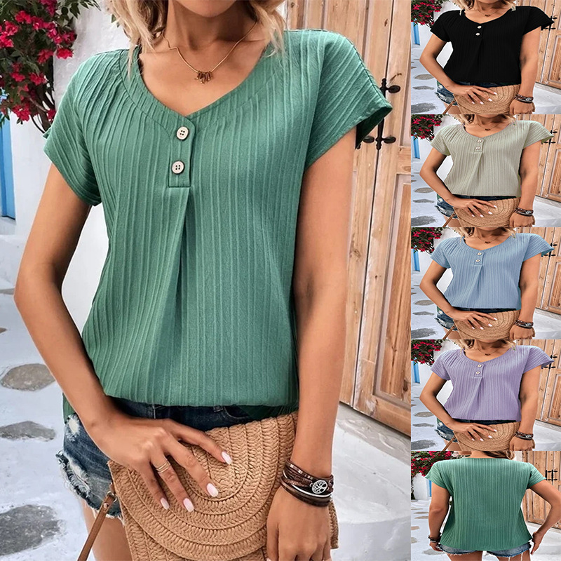 Women's Top Summer Versatile Pit Stripe Solid Twist Button Fashion Short Sleeve