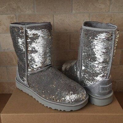 靴 UGG CLASSIC SHORT COSMOS 24cm UGG Classic Short Cosmos Sequin Silver Gold Sheepskin Boots Size