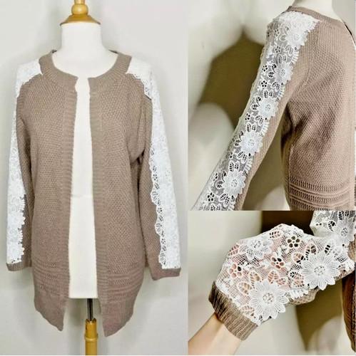 Listicle Tan and White Lace Panel Sleeve Cardigan L