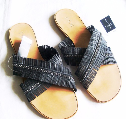 Next Fringed Sliders Charcoal grey beaded sandals Size 6.5 Euro 40 New Tags BNWT - Picture 3 of 8