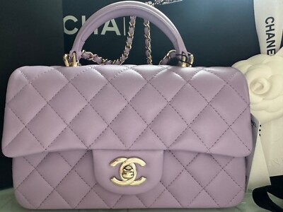 New 24P CHANEL Lilac Purple Violet Small Mini Top Handle Flap Bag Gold  RECEIPT