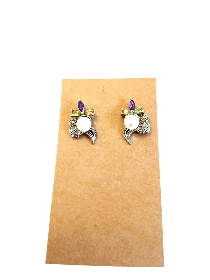 STERLNG SILVER 7MM PEARL EARRINGS WITH AMETHYST, CITRINE AND PERIDOT GEMSTONES - Image 3 of 4
