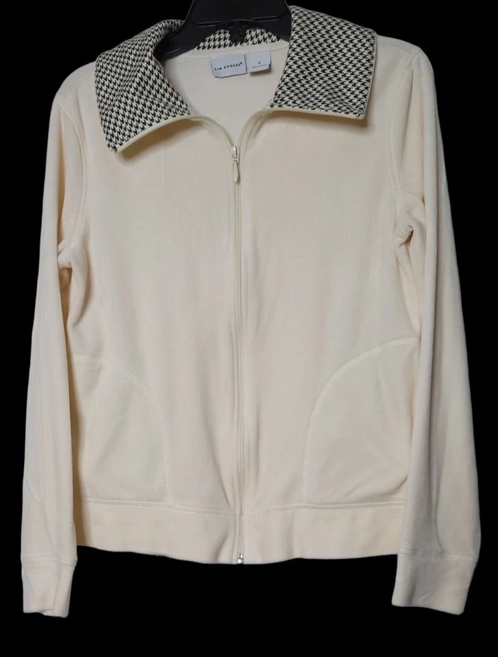 Kim Rogers Marfil Pata de Gallo Borde Terciopelo Calentamiento Chaqueta Cremallera Frontal PEQUEÑA Informal Foto 3 de 4