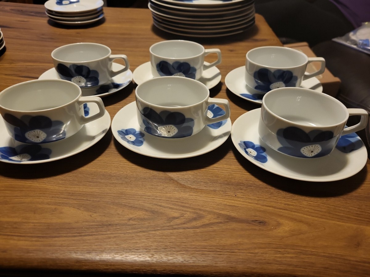 Set of 6 vintage MCM Indigo Moon Cup & Saucer Sets Blue Flower