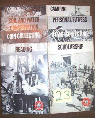 BSA Lot Boy Scout 8 Merit Badge Book COIN STAMP COLLECTING SCHOLARSHIP READING