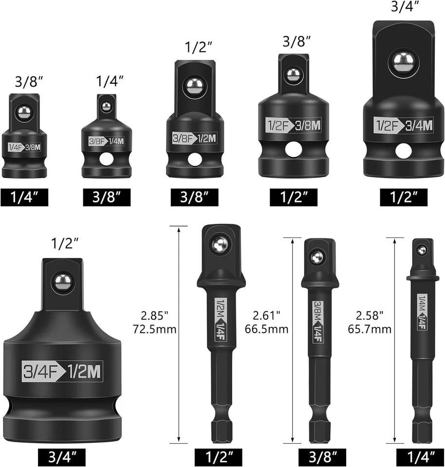 9 Piece Impact Socket Adapter and Reducer Set,1/4", 3/8", 1/2", 3/4" Drive So... - Image 2 of 4