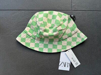 Zara Hut Bucket Hat Gr.S 10-14 Jahre 56 cm grün weiß Schachbrett Karo Mütze NEU!