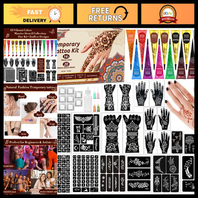 Temporary Tattoo Kit - 20 Stencils, 14 Ink Colors, Accessories for Body Art