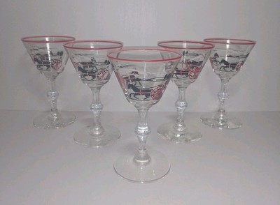 Vintage 60's Libbey Horse Coach Currier & Ives Colonial Cocktail Glass, Set Of 5