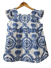Blue Boho Print Flutter Sleeve Crew Neck Blou...