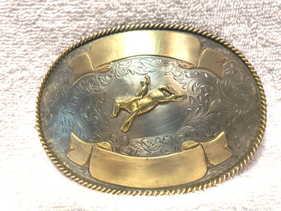 Huge Montana Silversmiths Buckle Bucking Bronco Gold Banners Nickel USA Great
