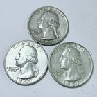 WASHINGTON SILVER QUARTERS LOT OF 3. 90% SILVER CIRCULATED COINS FREE SHIP #8661