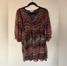 Umgee Multicolor Geometric Boho V-Neck Trapeze Short Dress 3/4 Sleeve S