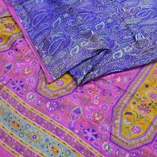 Vintage Sari Purple Pink Pure Silk Printed Sarees Craft Fabric 5yd Sewing Soft