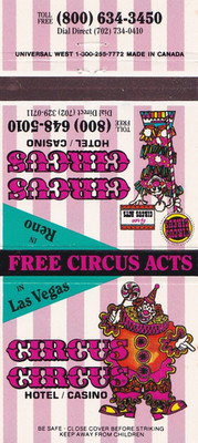 Free Circus Acts Circus Circus Casino Reno & Las Vegas Nevada Matchbook 1990's