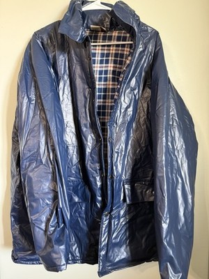 VTG Duck Bay Heavy PVC Raincoat Navy Plaid Lined NWT XXL w/ Hood - SEAM FLAW