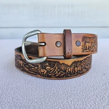 Texas Leather Tooled Horse Belt SZ 28 Brown Western Country Made in USA