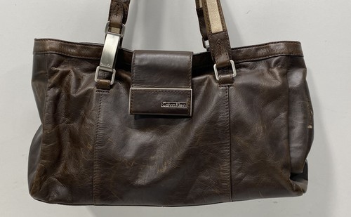 Calvin Klein Brown Leather Large Shoulder Bag Tote Silver Hardware