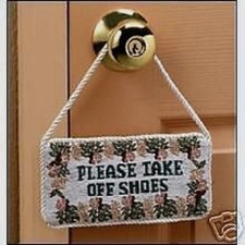 Please Take Off Shoes Plaque Polyester Needlepoint Design 8 "long x 4 1/8 " high