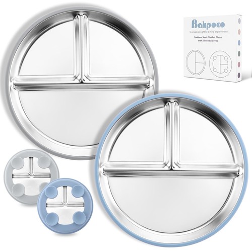 Stainless Steel Toddler Plate with Suction 9” Divided Plates with Removable S...