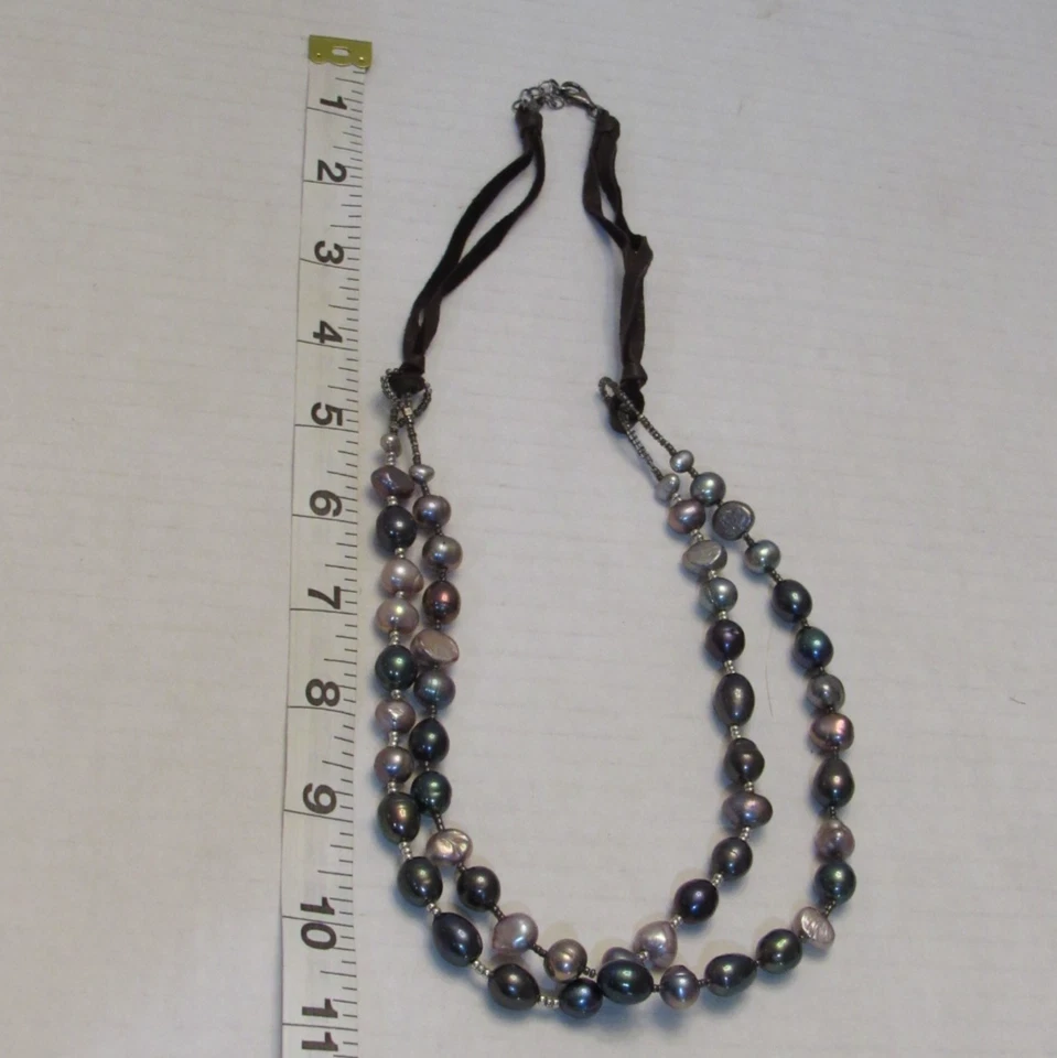 Vtg PEYOTE BIRD Signed Sterling Leather 2 Strand Pearl Necklace Boho Chic Money - Image 2 of 4