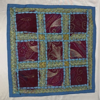 VTG Indian Throw Pillow Cover Beaded Handmade Embroidered Kantha BOHO Sky Blue