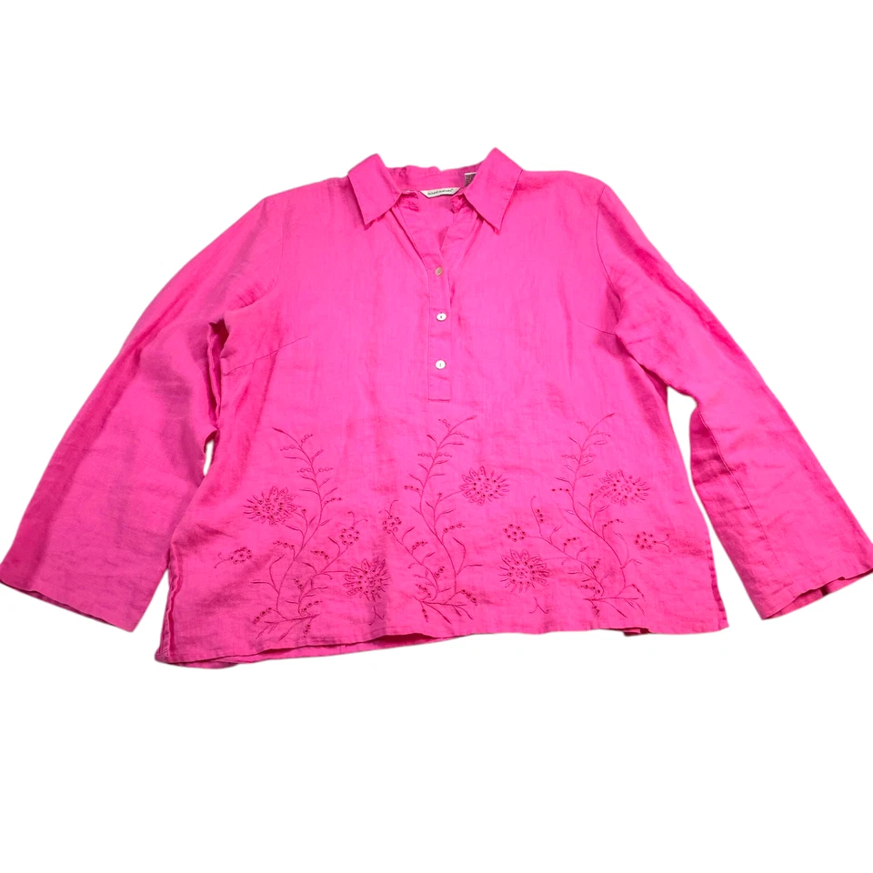 Blusa Vintage Richard Malcom Rosa Lino Irlandés Bordada Floral Mujer Talla XL Foto 2 de 4
