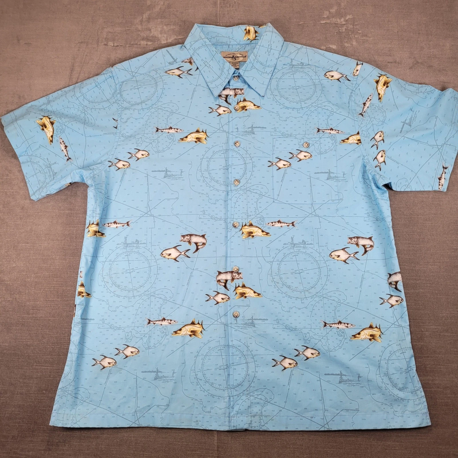 Hook & Tackle Vintage Mens Hawaiian Nautical Fish Short Sleeve Button Shirt 2XL