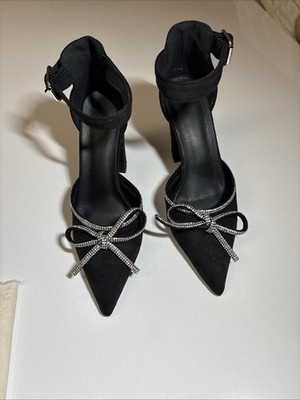 Woman Crystal Style Bows Heel Black Faux Suede Size 36 - Us Sz 5.5 Chunky Heel