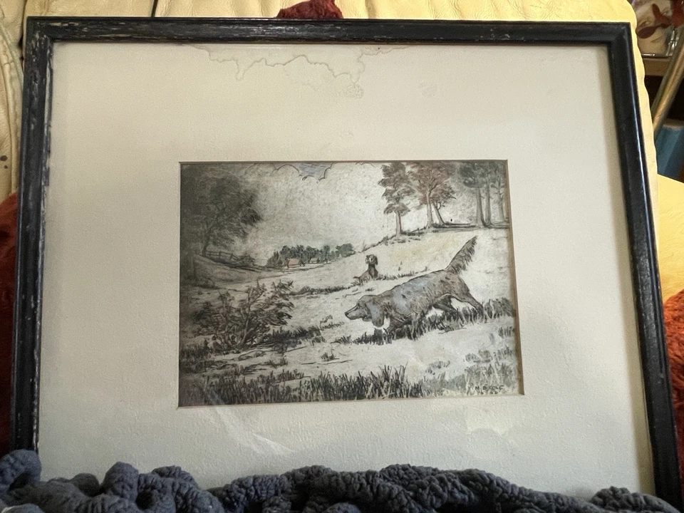 Arte Original Grabado Artista MB Cole Enmarcado Y Mate Paisaje De Colección con Perros Foto 2 de 4