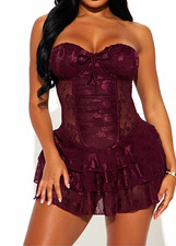 Fashion Nova Burgundy Floral Mesh Strapless Boned Corset Dress Ruffle L