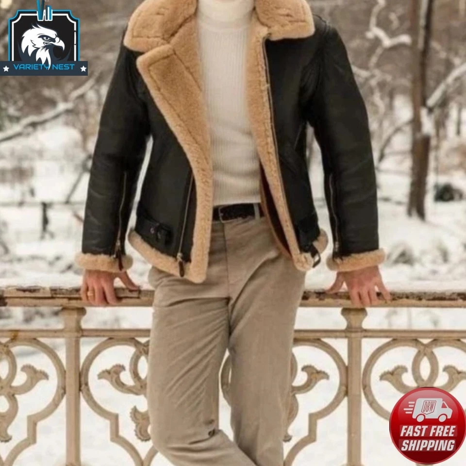 Black B3 Bomber Aviator Flying Pilot Shearling Sheepskin Real Leather Jacket - Image 4 of 4