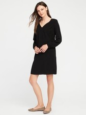 Old Navy Black Smocked-Yoke V-Neck Long Sleeve Shift Dress Womens Size Large
