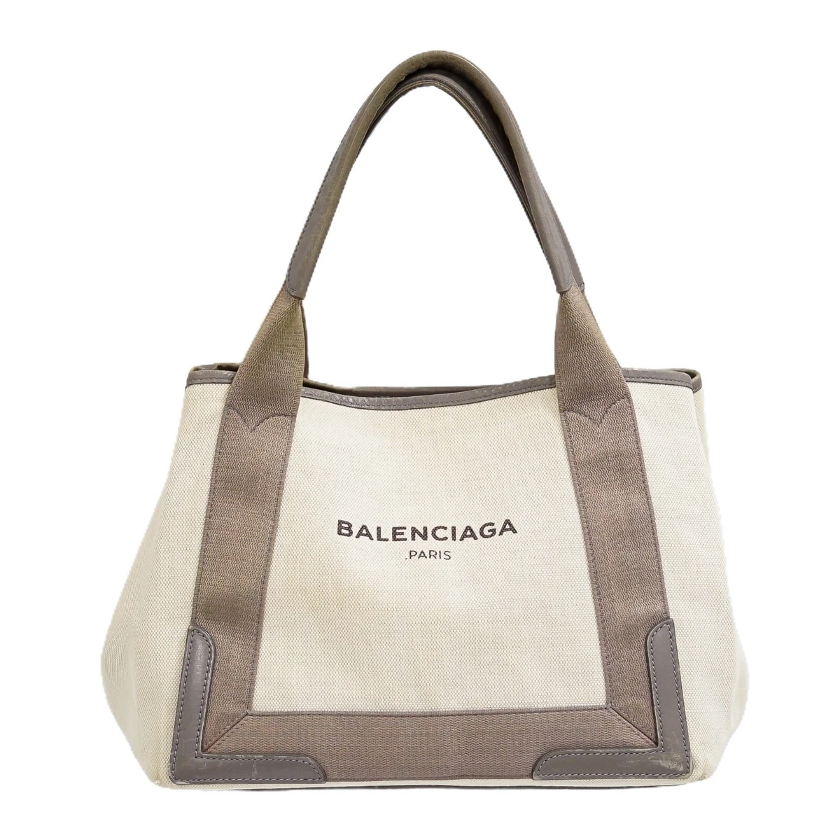 BALENCIAGA Navy Cabas Small 339933 Canvas Tote Handbag White Gray