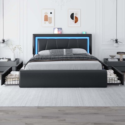 Faux Leather Full Queen Led Bed Frame with 4 Drawers＆Adjustable Headboard
