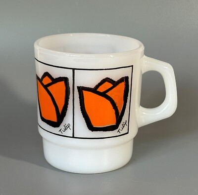 Vintage Fire King Orange TULIP Milk Glass Mug Anchor Hocking Mod Flower 1960-79