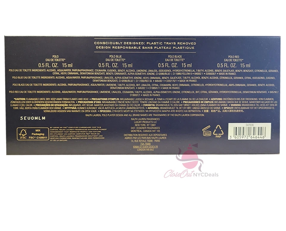 Polo Colonia 0.5 OZ 4 piezas EDT Splash Polo Verde + Polo Azul + Polo Negro + Polo Rojo Foto 2 de 2