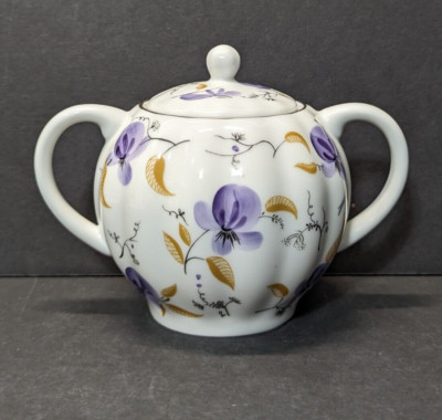 Russian Sugar Bowl & Lid Hand Decorated Violets 1744 St Petersburg Russia 4.25''
