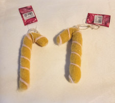 Set of 2 St Nicholas Square Wool Candy Cane Ornaments Yellow Christmas