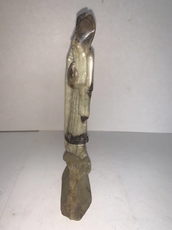 Estátua de homem asiático esculpida à mão chinesa antiga figura base de pedra 2 peças - Imagem 4 de 4