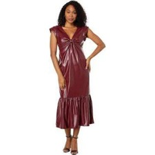 Donna Morgan Faux Leather V-Neck Twist Detail Midi Dress Burgundy Size 14
