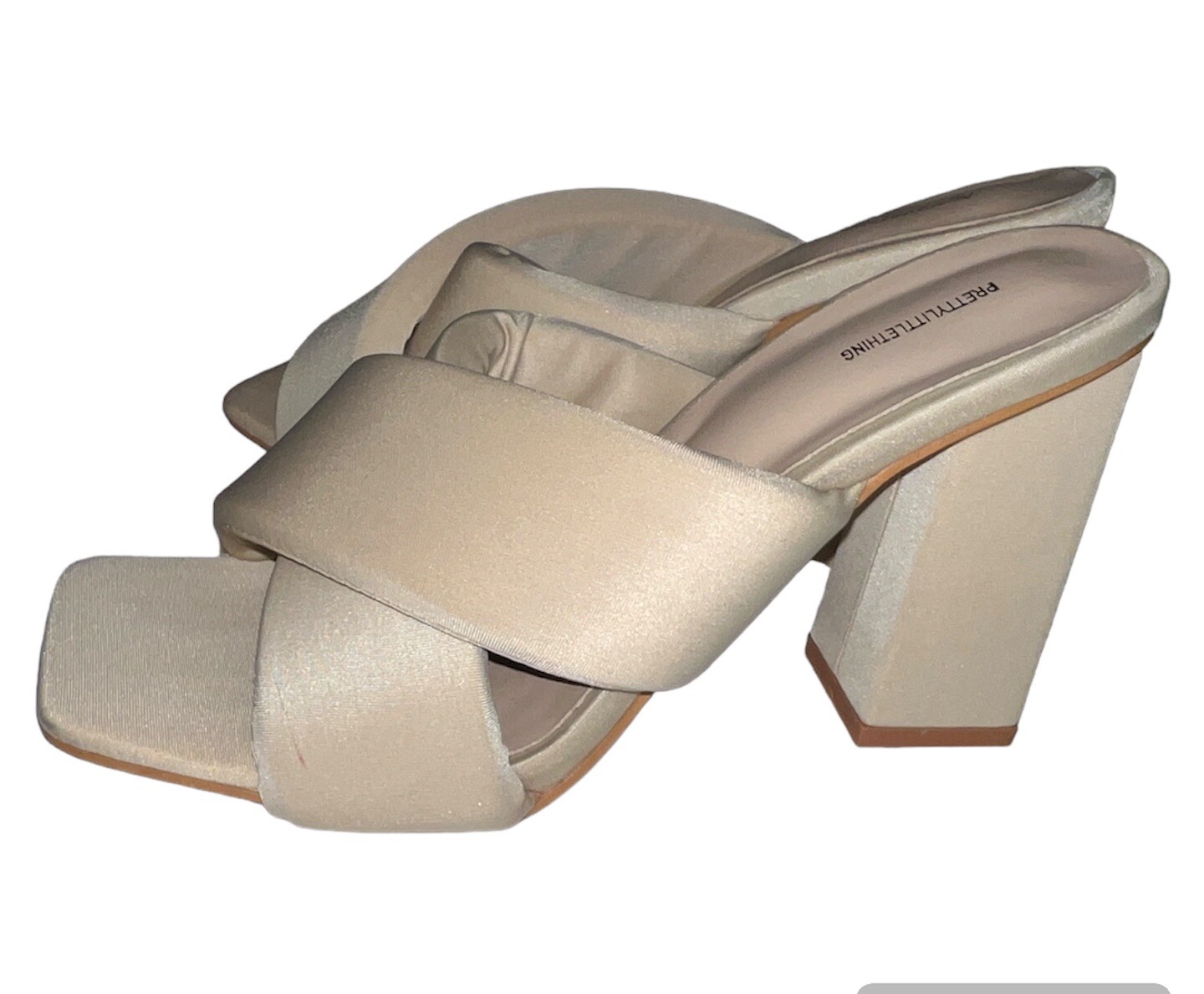Pretty Little Thing Mules Womens Sz 7 Square Toe Block Heel Beige chunky Y2K