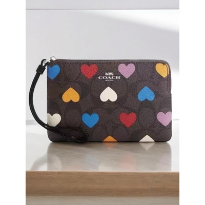 New With Tags Coach CP347 Multi Heart Signature Corner Zip Wristlet         