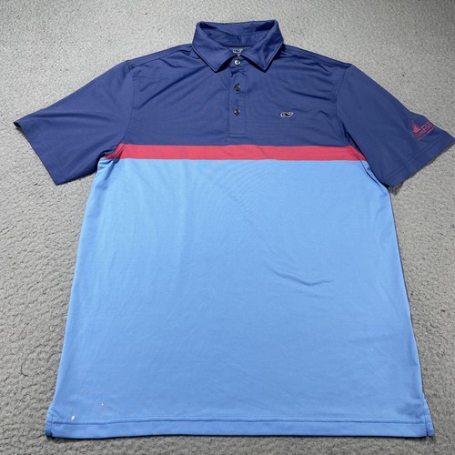 Vineyard Vines Polo Shirt Mens Medium Blue Red Performance Golf StoneRidge Logo - Picture 1 of 9